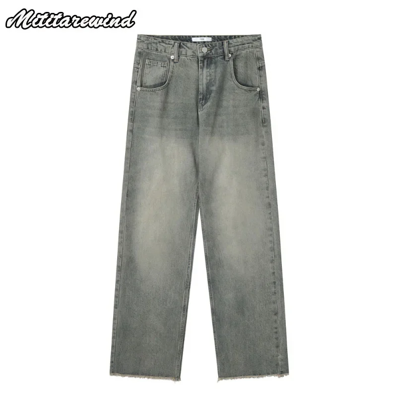

High Street Jeans Men Straight Loose Full Length Casual Denim Trousers Four Season Bleached Distressed Solid Simple Men Pants