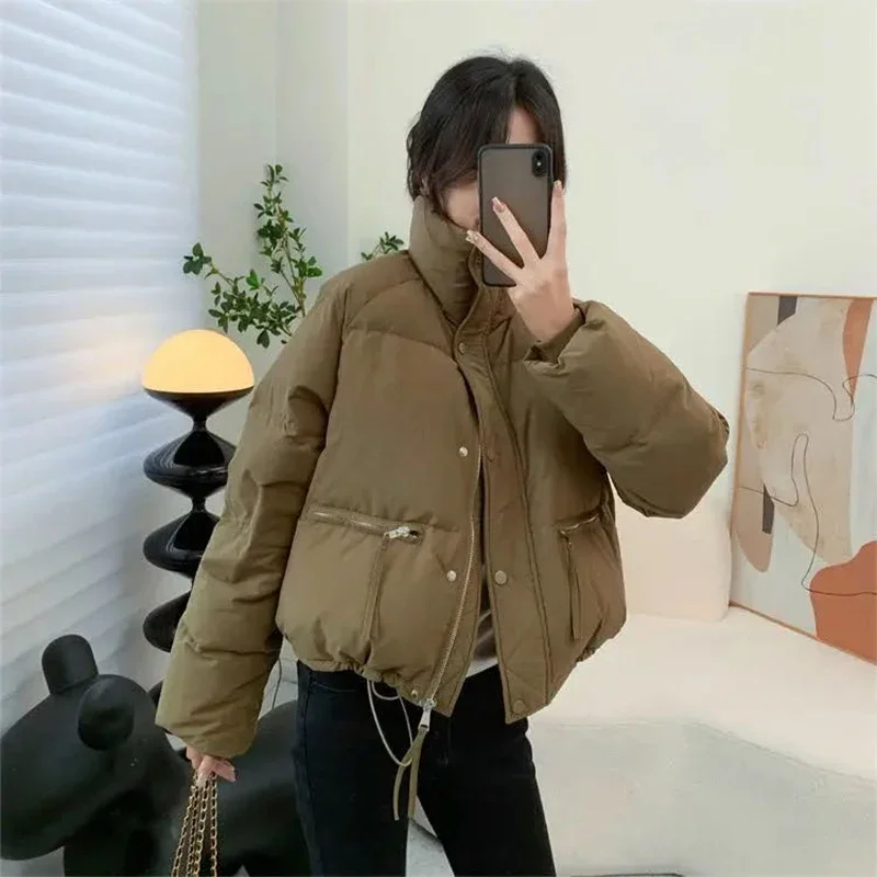 

QNPQYX Women Parkas White Duck Down Bread Cropped Thickened Warm Drawstring Coat Winter Stand Collar Loose Puffer Feather Jacket