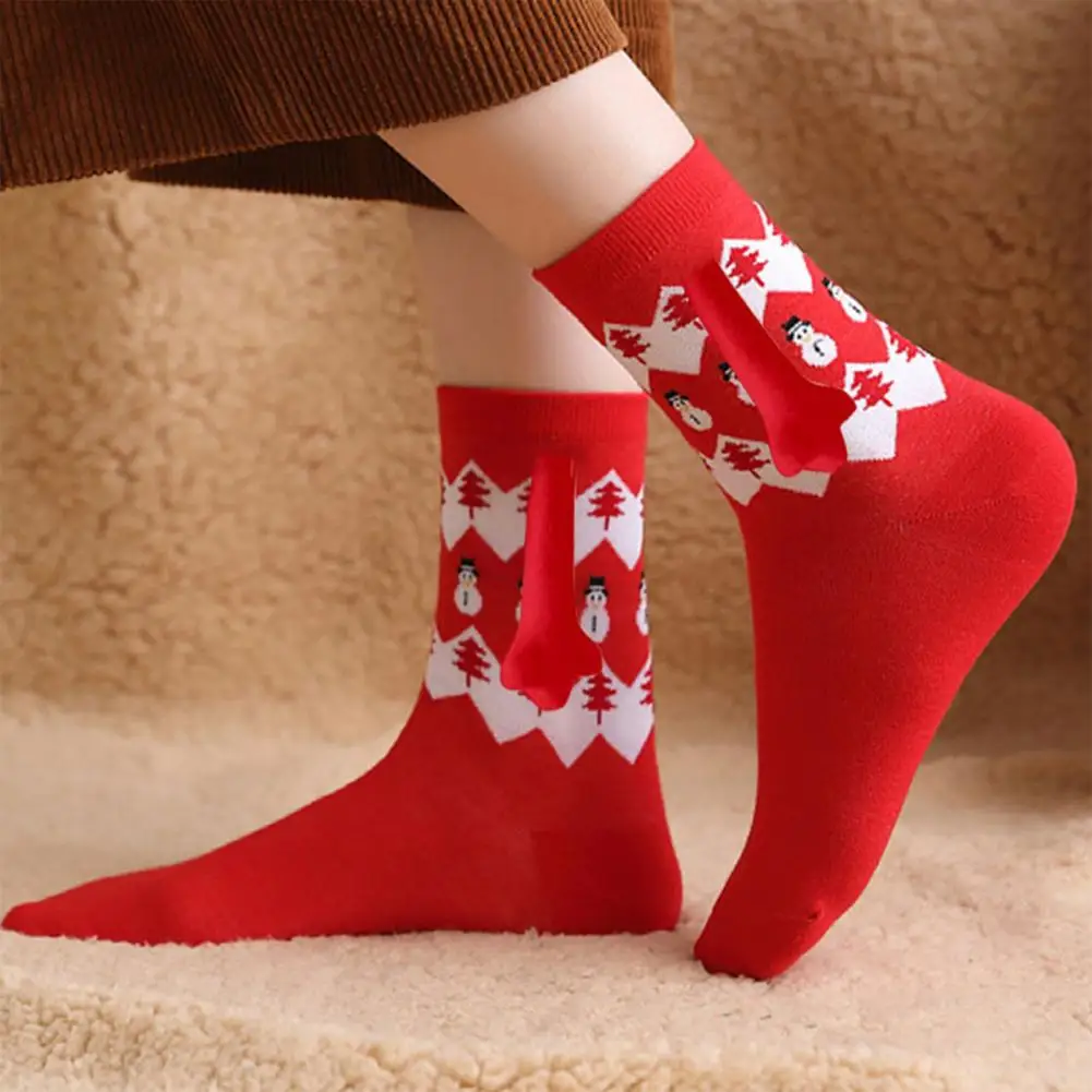 

Праздничные Носки, забавные носки с магнитной присоской для пар, носки в полоску, с принтом снежинок, с удержанием рук, носки средней длины, уникальные рождественские носки