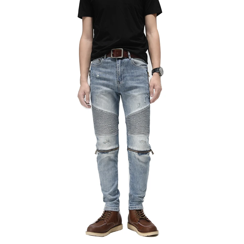 Men Stretch Denim Biker Jeans for Motorcycle Zippers Pleated Patch Ripped Distressed Pants Slim Tapered Pencil Trousers
Men Stretch Denim Biker Jeans for Motorcycle Zippers Pleated Patch Ripped Distressed Pants Slim Tapered Pencil Trousers