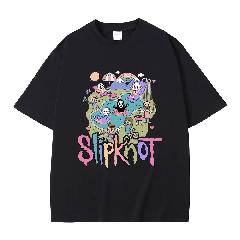 

90s Classic Rock Band Slipknots Cartoon Anime Style Graphic T-shirt Men Vintage Gothic Punk T Shirts Male Casual Loose Tshirt
