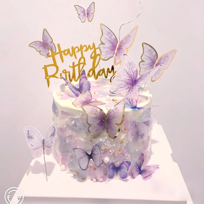 

Purple Pink Butterfly Cake Decoration Happy Birthday Cake Topper Handmade Painted Wedding Birthday Party Baby Shower Supplies