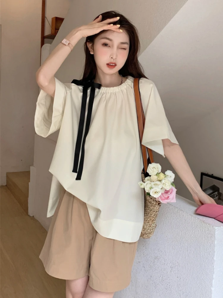 

Summer Loose Maternity Clothes Set Plus Size Bowknot Stretched Collar Pregnant Woman Shirts+Belly Shorts Twinset Pregnancy Suits