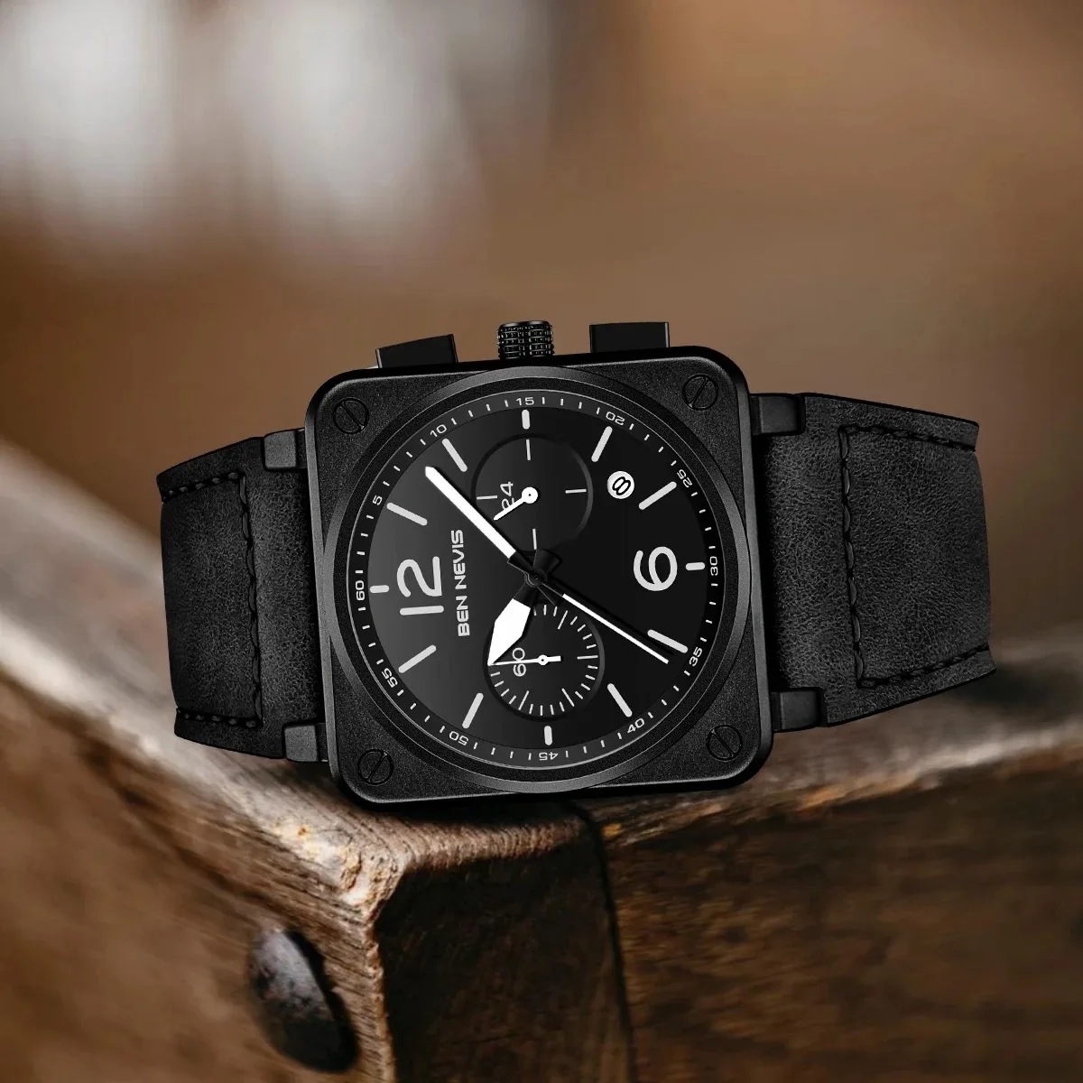 

Black Sports Quartz Watch Men Waterproof Square Dial Wristwatch with Chronograph Leather Strap Simple Auto Date Sale
