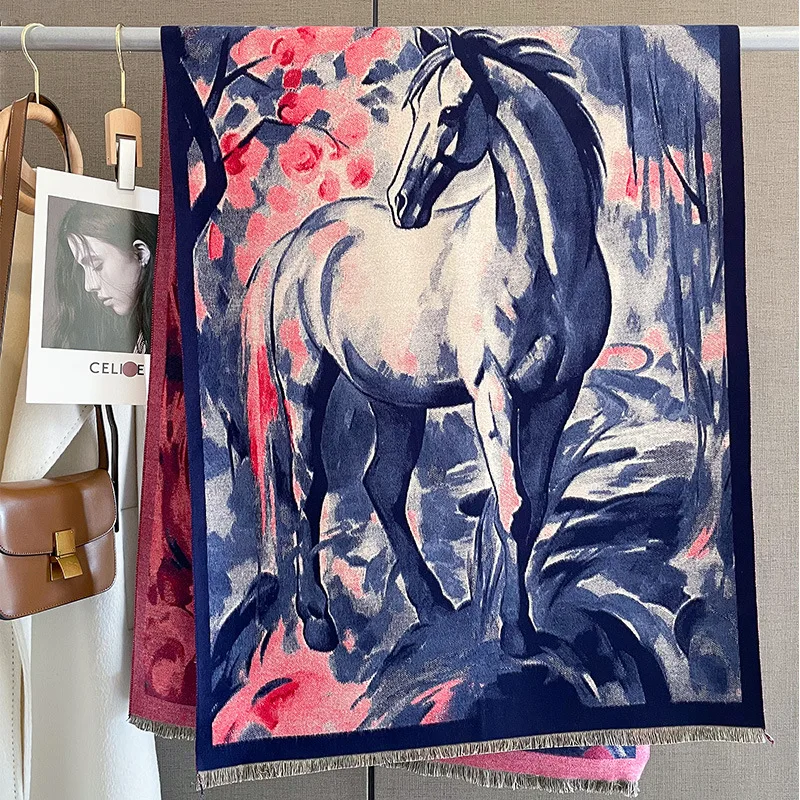 

Vintage Horse Print Cashmere Scarf Women's Thickened Air Conditioner Shawls and Wraps Warm Neck Scarfs Pashmina Cape Bufandas