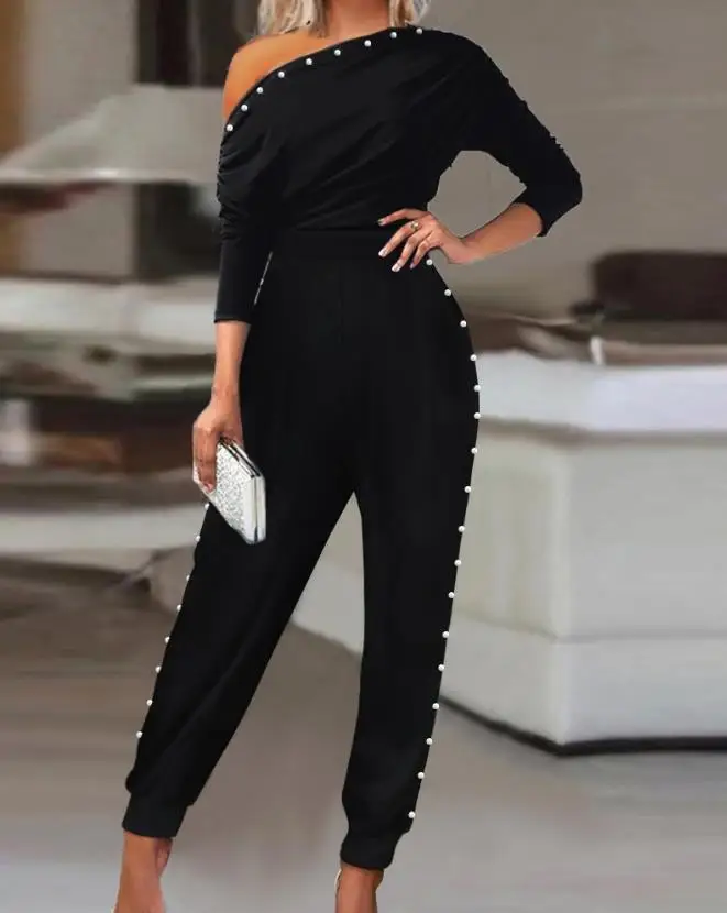 Ruched Cold Shoulder Beaded Decor Jumpsuit Women's Jumpsuit with Asymmetrical Temperament Versatile and Casual
Ruched Cold Shoulder Beaded Decor Jumpsuit Women's Jumpsuit with Asymmetrical Temperament Versatile and Casual