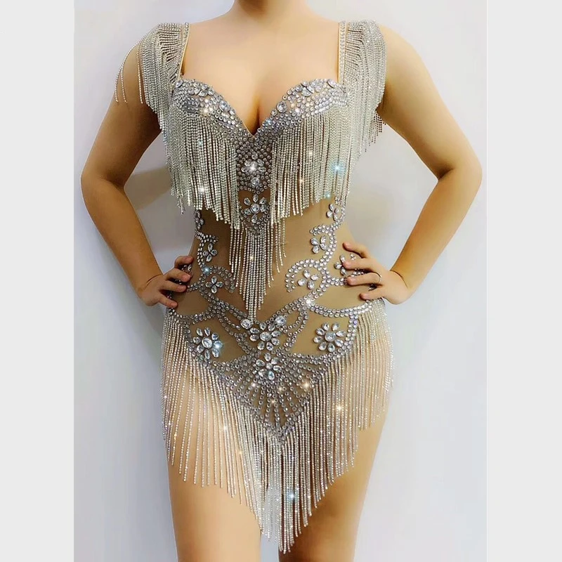 

Sparkly Silver Rhinestone Celebrate Outfit Prom Bar Birthday Outfit Fringe Transparent Bodysuit Women Dancer Show