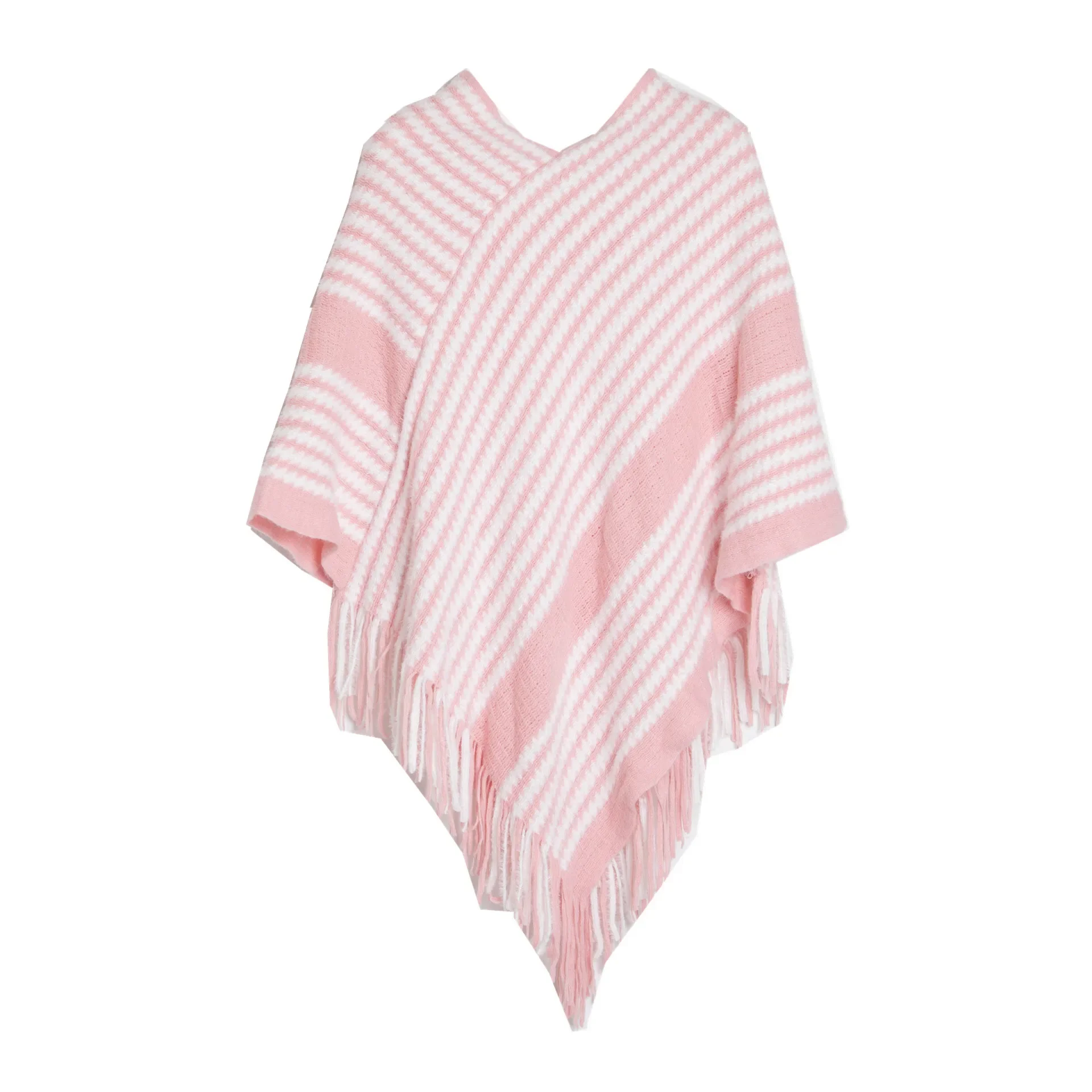 

Europe America Pullover Shawl Autumn Winter Knitwear Stripe Fashion Street Poncho Lady Capes Pink Cloaks