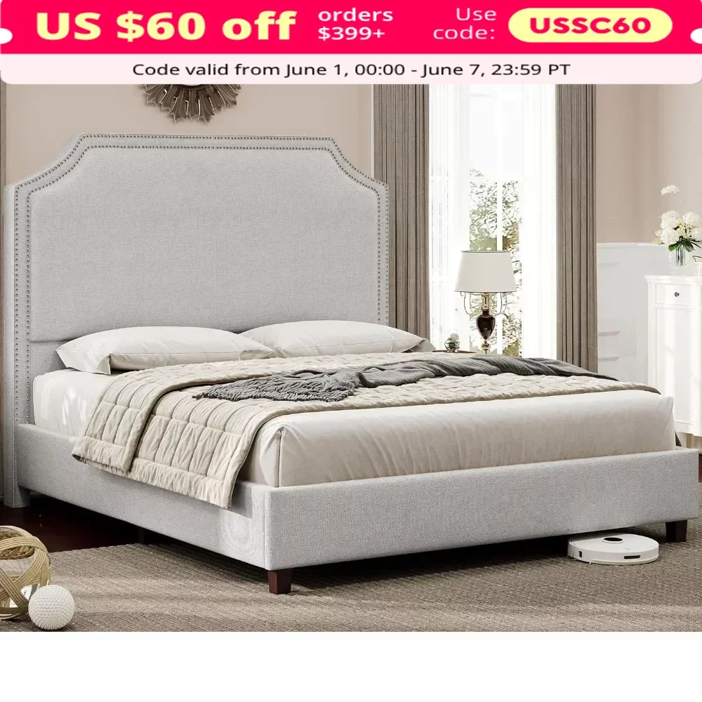 King Size Bed Frame, Nailhead Trim, No Box Spring Required, Easy To Assemble, Grey, Upholstered Platform Bed
King Size Bed Frame, Nailhead Trim, No Box Spring Required, Easy To Assemble, Grey, Upholstered Platform Bed