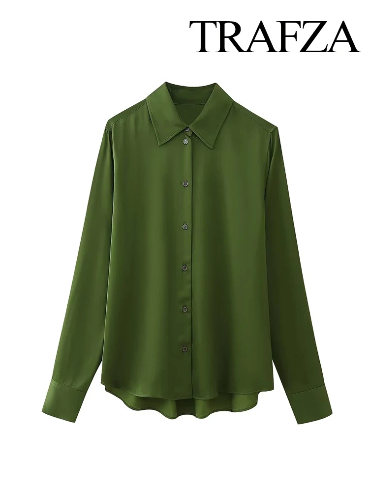 

TRAFZA Women Elegant Chic Long Sleeve Lapel Shirt Top Woman Vintage Loose Single-Breasted Blouses Green Asymmetric Casual Tops