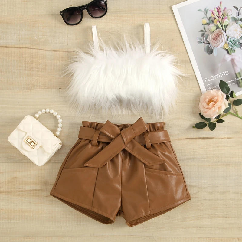 2 Pcs Newborn Baby's Clothes Solid Color Outfits Girls Cropped Fluffy Fur Camisole Belted Leather Shorts Children's Clothing 
2 Pcs Newborn Baby's Clothes Solid Color Outfits Girls Cropped Fluffy Fur Camisole Belted Leather Shorts Children's Clothing