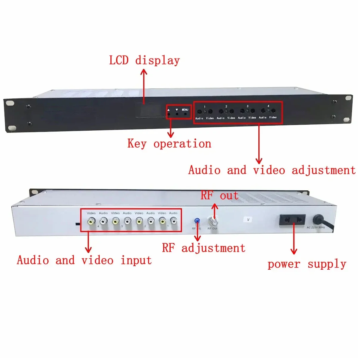 

free shipping SK-4860 4 in 1, 4-channel cable TV agile analog modulator, AV to RF, hotel factory TV front-end equipment