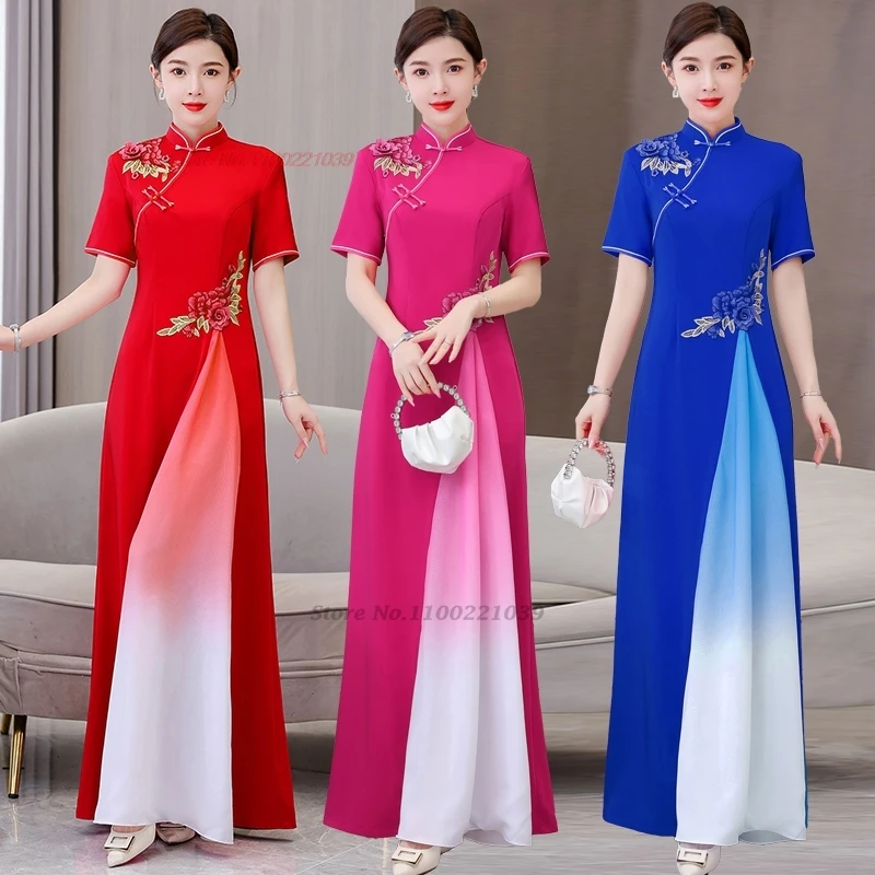 

2024 chinese vintage dress cheongsam traditional flower embroidery improved qipao oriental wedding banquet evening dress qipao