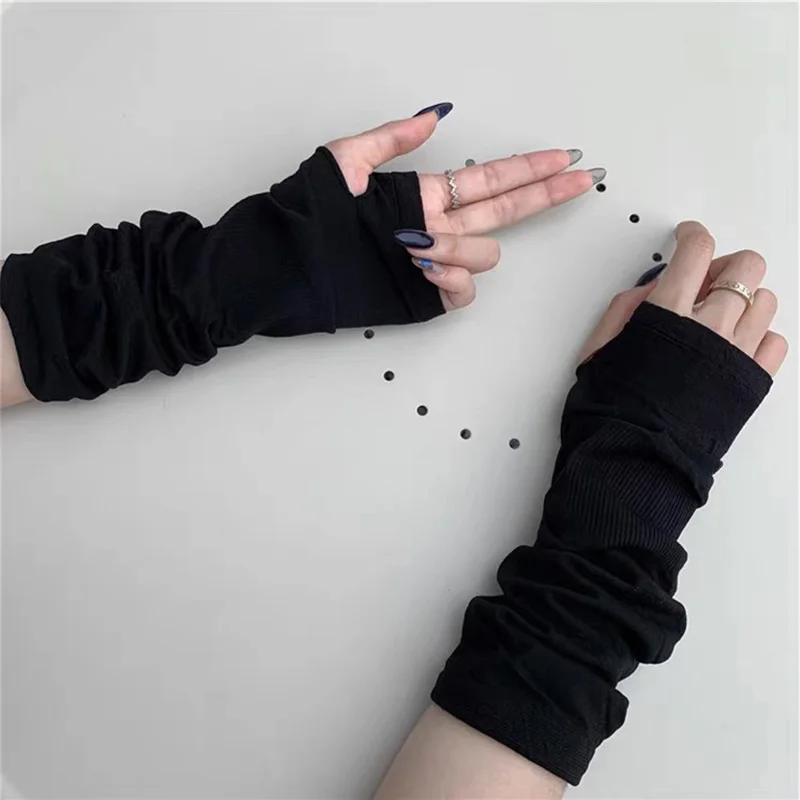 

Hip Hop Gloves Long Fingerless Oversleeve Men and Women Stripe Black Knitted Soft Skin Friendly Gloves Stretch Winter Arm Warmer
