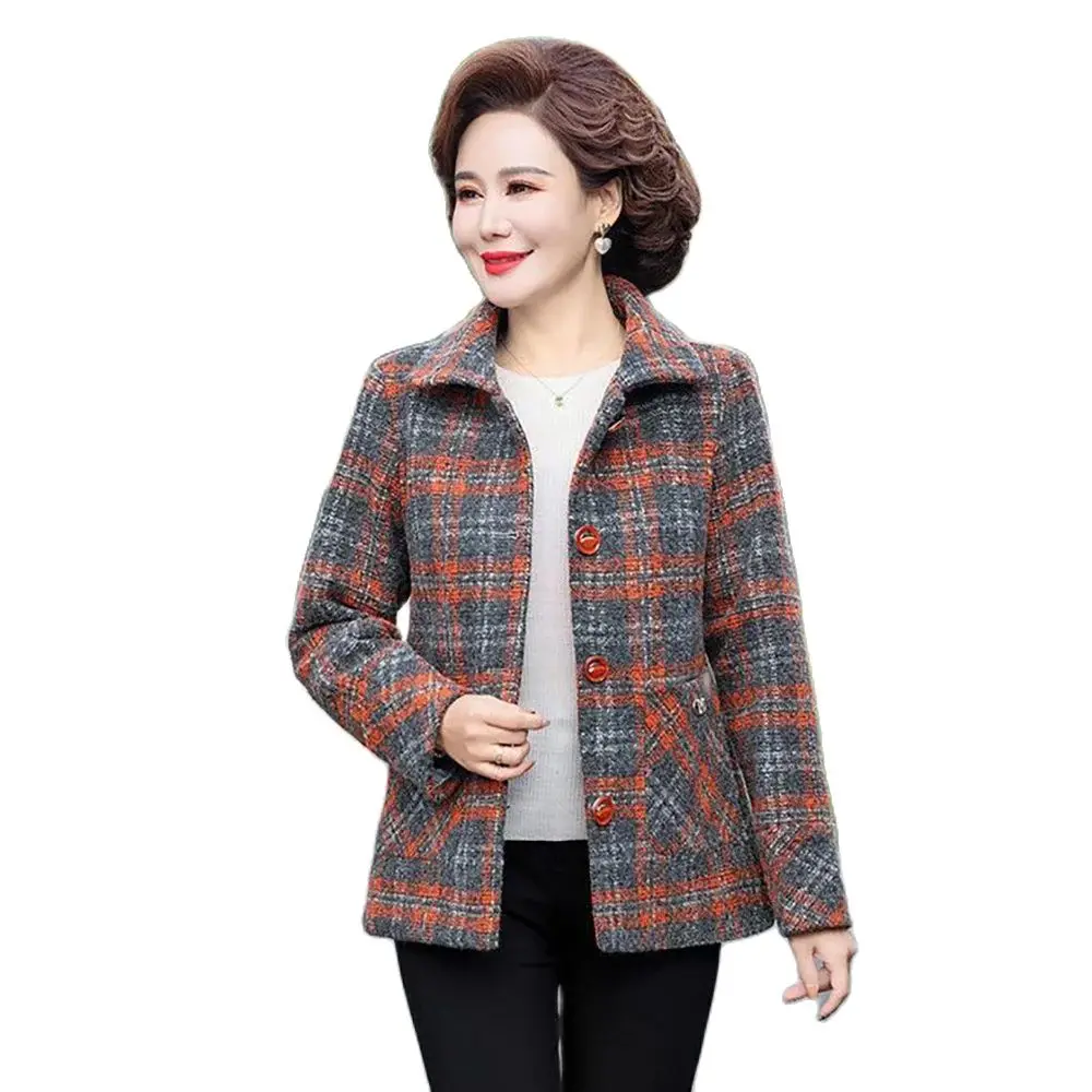 

Mom Fashion Coat Spring And Autumn New Western Style Slim Loose Middle-aged And Elderly Women's Plaid Trench Coat Tide