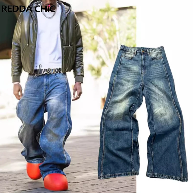 

REDDACHIC Wave Patchwork Baggy Jeans Men Brushed Blue Skater Oversize Pants Wide Leg Casual Hiphop Trousers Retro Y2k Streetwear