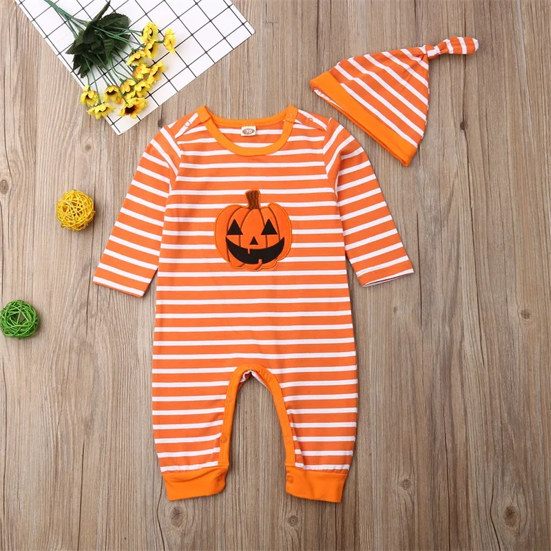 

3M-18M Baby Boy Halloween Clothes Pumpkin Striped Print Long Sleeve Romper Jumpsuit and Beanie for Infant Toddler Fall Outfit