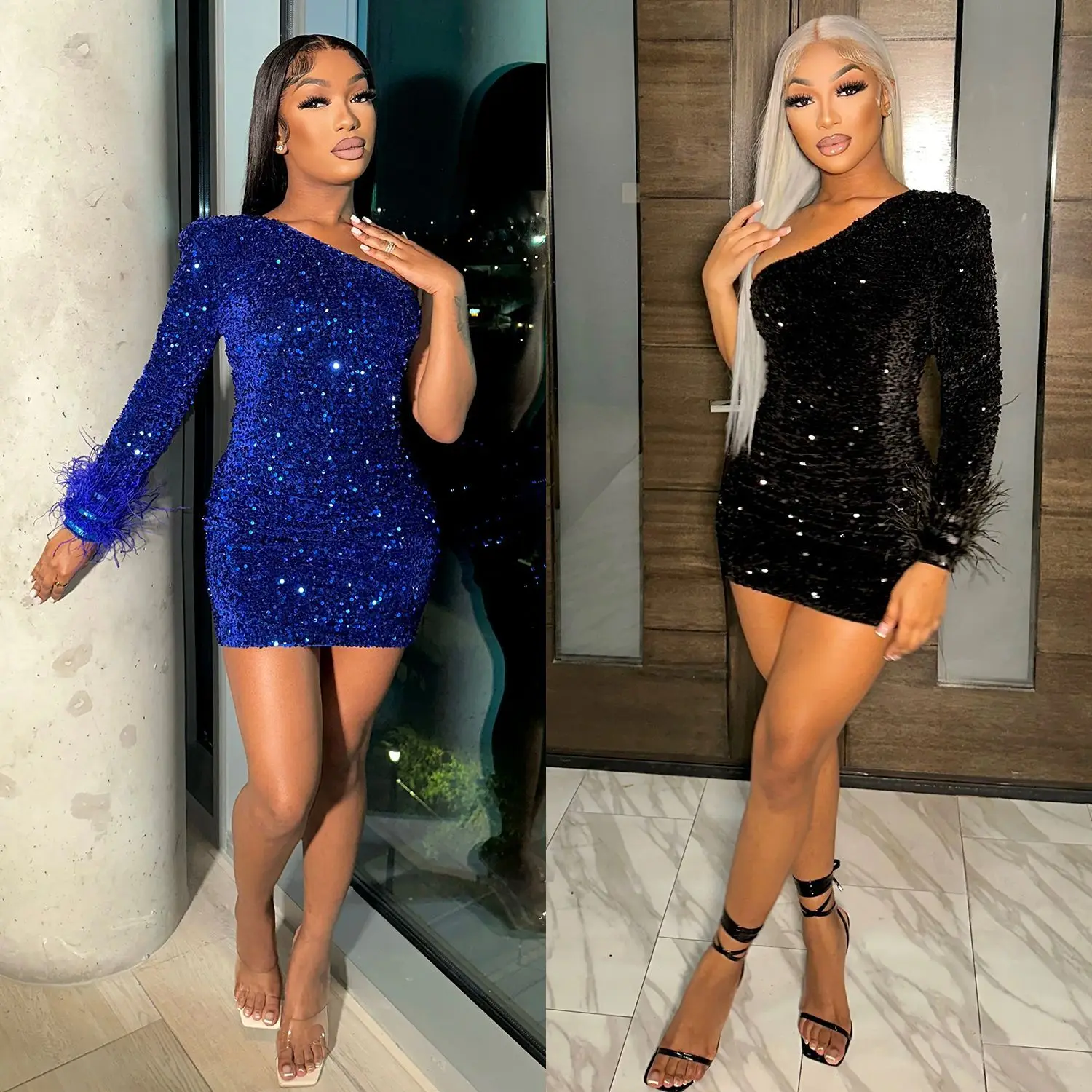 Summer New Arrival Women's Sexy Tight Sequin Slanted Shoulder Dress Feather Sleeves
Summer New Arrival Women's Sexy Tight Sequin Slanted Shoulder Dress Feather Sleeves