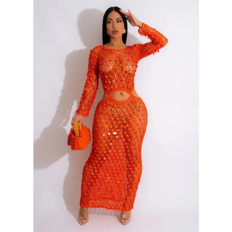 Sexy Shinny Sequined Knitted Long Dress Women Summer 2023 Elegant Hollow Out See Through Club Beach Cover Maxi Dresses Y2K Robe
Sexy Shinny Sequined Knitted Long Dress Women Summer 2023 Elegant Hollow Out See Through Club Beach Cover Maxi Dresses Y2K Robe