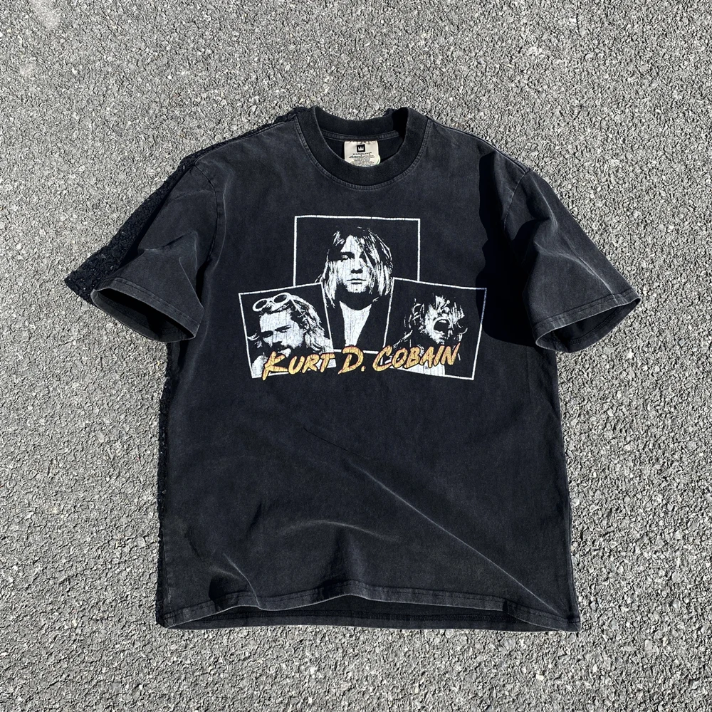 

Kanye666 High Street Fashion Nostalgia Kurt Donald Cobain Character Graphics Vintage Clothing Loose Tees Tops T Shirt For Men