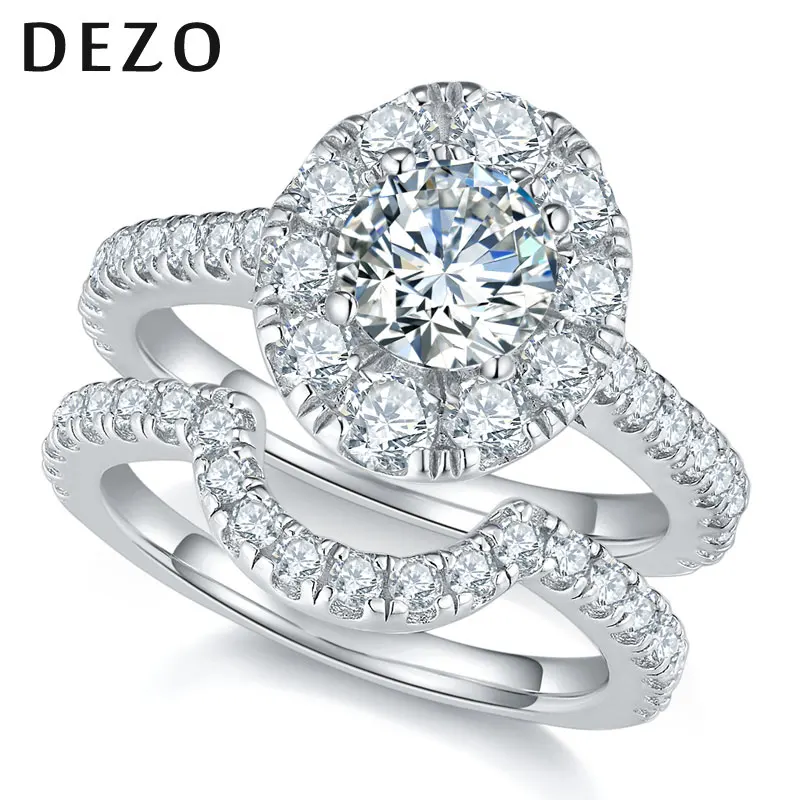 

Обручальные кольца DEZO Total 2CTW с муассанитом для женщин, однотонное обручальное кольцо с ореолом из серебра 925 пробы, Круглый VVS1, с цветным сертификатом GRA