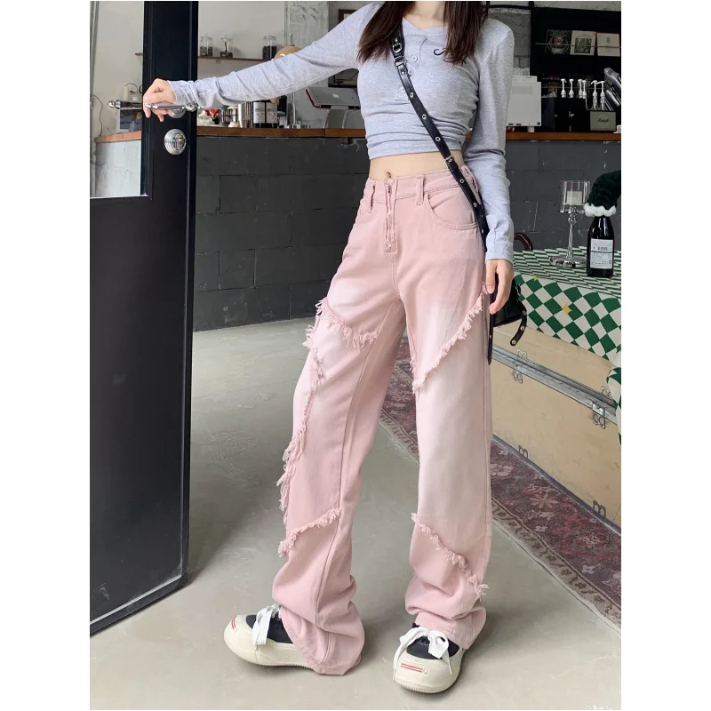 

Джинсы женские розовые с завышенной талией, шикарные брюки с широкими штанинами в американском стиле, Модные Винтажные прямые штаны в стиле хип-хоп, Y2K, осень 2024
