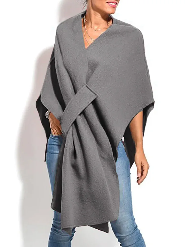 

2022 Women Solid Criss-Cross Coats Autumn Winter V-Neck Batwing Sleeve Shawls Loungewear Streetwear Irregular Cloak Dropshipping