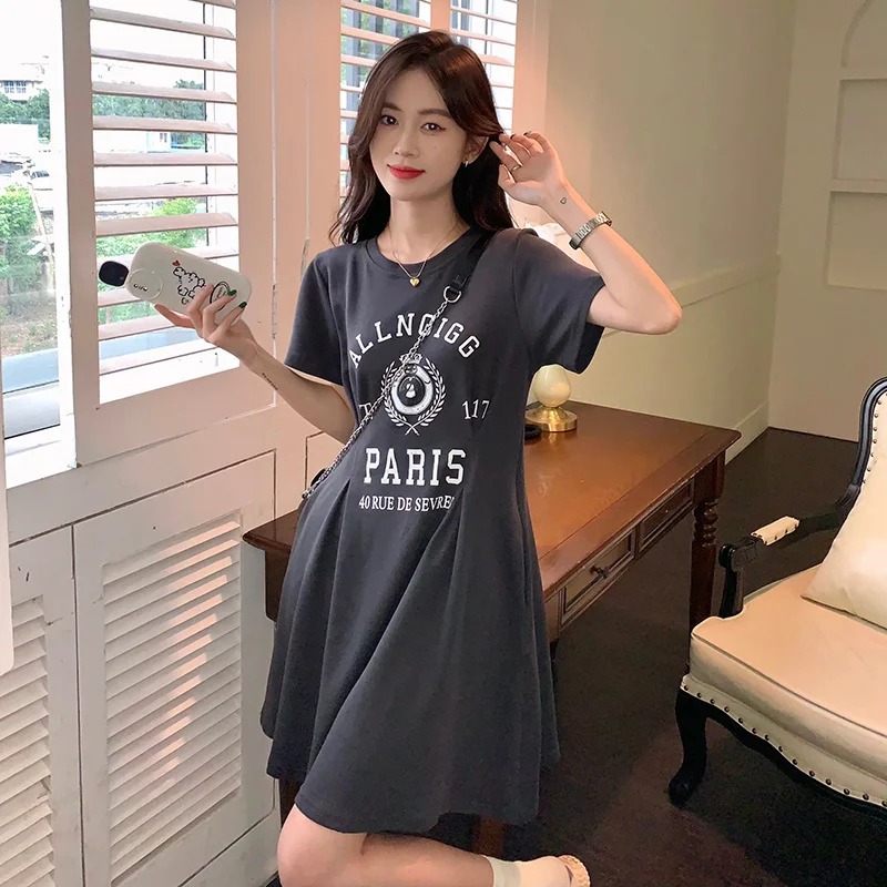 Temperament Letter Printing T Shirts Dress Summer New Short Sleeve Loose Solid Color Midi Dress Casual Fashion Women Clothing
Temperament Letter Printing T Shirts Dress Summer New Short Sleeve Loose Solid Color Midi Dress Casual Fashion Women Clothing