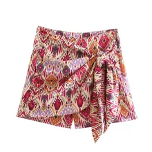 TRAF Women Fashion With Knotted Totem Print Shorts Skirts Vintage High Waist Side Zipper Female Skirts Mujer