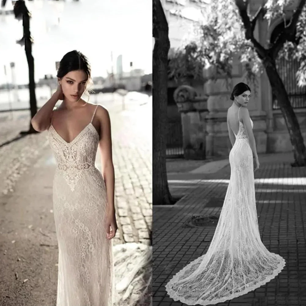 Gorgeous Spaghetti Straps Mermaid Wedding Dress Deep V Neck Full Body Lace Bridal Gown Open Back Sweep Train Vestidos De Novia
Gorgeous Spaghetti Straps Mermaid Wedding Dress Deep V Neck Full Body Lace Bridal Gown Open Back Sweep Train Vestidos De Novia