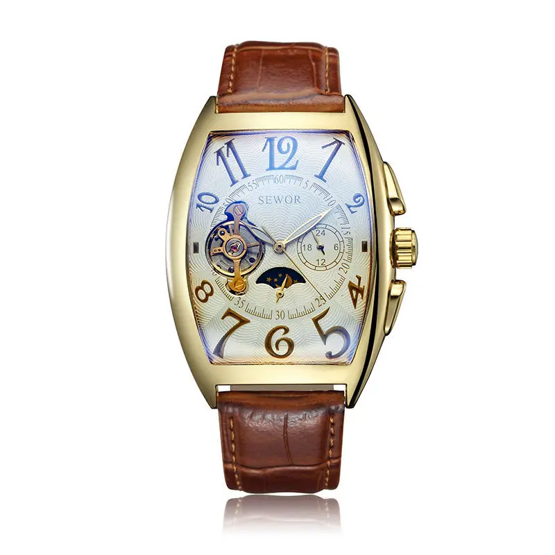 

2024 Luxury Gold Tourbillon Watches Mon Phase Small Seconds Leather Strap Automatic Mechanical Wristwatches Relogio Masculino