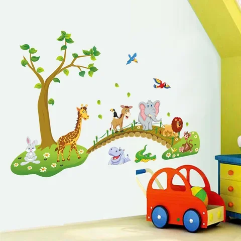 

Cartoon Jungle 3D Wall Stickers wild animal tree bridge lion Giraffe elephant birds flowers for kids room living room home decor