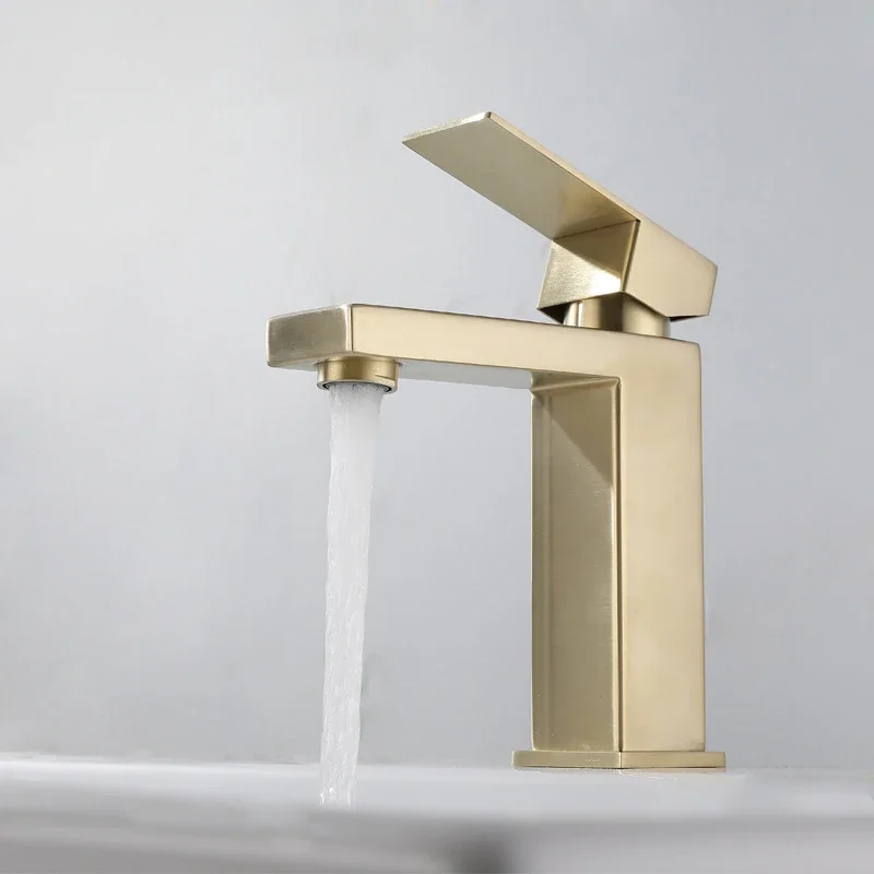 

Modern Basin Faucet Bathroom Brushed Gold Faucet Deck Mounted Basin Sink Tap Mixer Hot & Cold Water 304 Stainless Steel Faucets