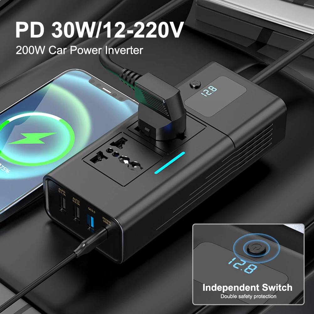 

Инвертор мощности 200 Вт, преобразователь постоянного тока 12 В постоянного тока в переменный ток 110 В/220 В, модифицированный синусоидальный инвертор, адаптер с 4 портами USB, быстрая зарядка PD, ЖК-дисплей