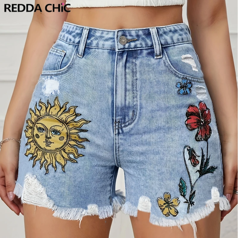 

REDDACHiC Destroyed Blue Floral & Sun Pattern Women Denim Shorts Raw Hem Low Waist Casual Wide Leg Pants Retro Y2k Cropped Jeans