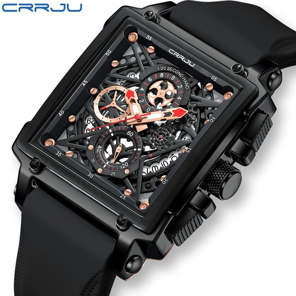 

CRRJU Watch for Men Sport Chronograph Quartz Fashion Tonneau Dial Wristwatch with Date Silicone Strap 3ATM Waterproof