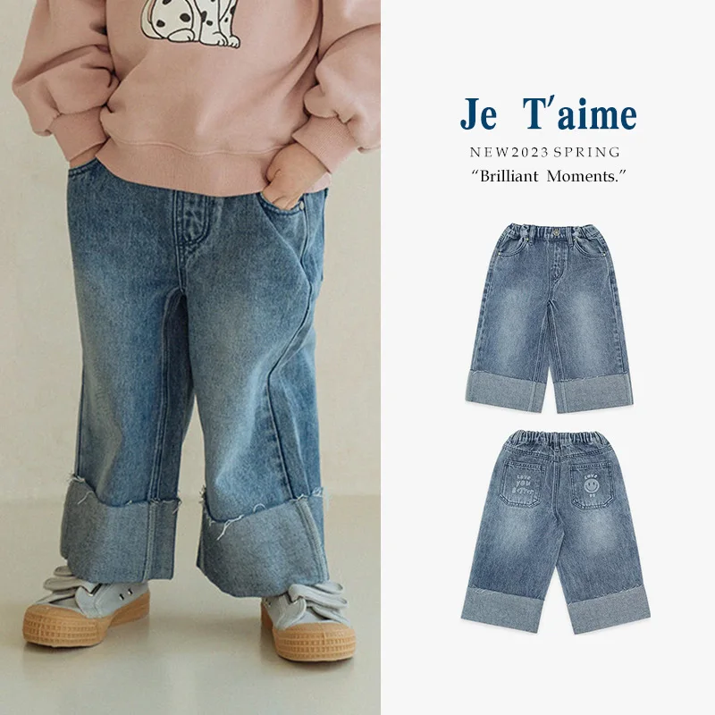 

Jenny&Dave Spot 23 Spring New Children's Casual Pants with Cartoon Smiling Face Letter Printing and Flipped Feet Denim