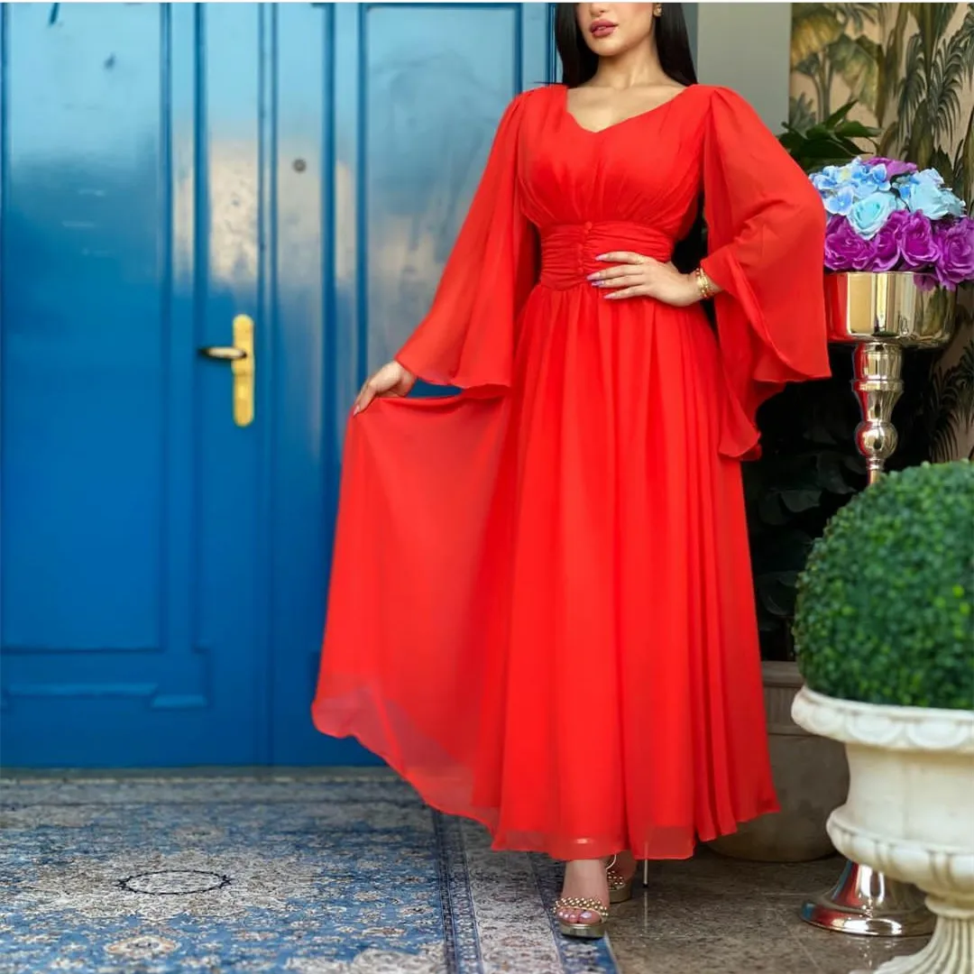 Classic Long Red V-Neck Evening Dresses With Buttons A-Line Pleated Ankle Length فساتين السهرة for Women 
Classic Long Red V-Neck Evening Dresses With Buttons A-Line Pleated Ankle Length فساتين السهرة for Women