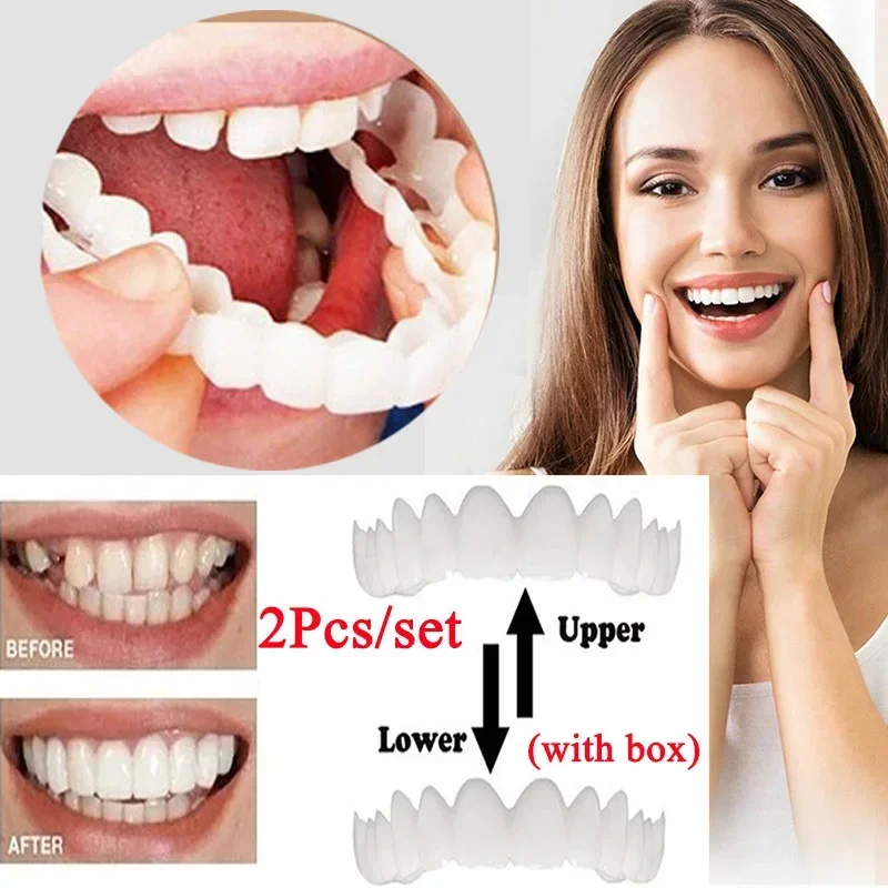 

2Pcs/Set Silicone Teeth Whitening Teeth Cover Teeth Braces Simulation Denture Upper Lower Set with Box Perfect Smile