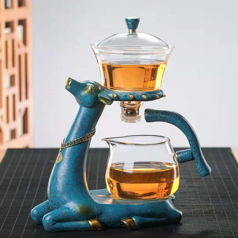 

Heat Resistant Glass Tea Set Kung Fu Deer Teapot Magnetic Water Diversion Rotating Cover Shell Lazy Semi Automatic Tea Machine