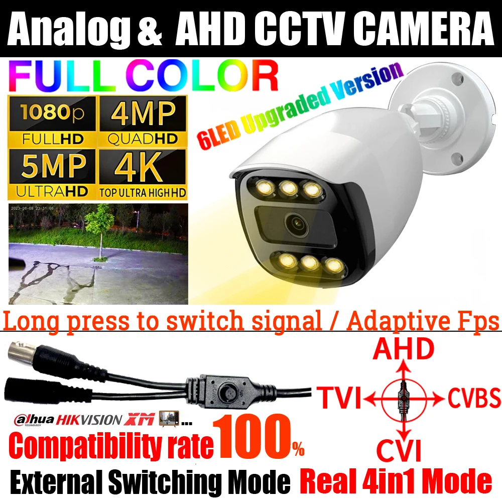 

6LED 5000TVL 4K AHD Full Color Camera CCTV Luminous Analog 4MP 5MP 1080P TVI/CVI 4in1 OSD Cable Digital Outdoor Security Monitor