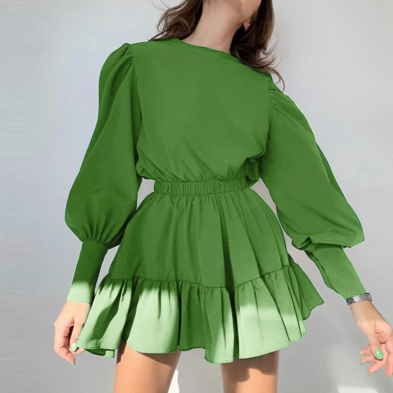 

Women Dress 2022 Spring Summer Sexy Solid Color Round Neck Long Lantern Sleeve Ruched Dress Female Elegant Bodycon Party Dress