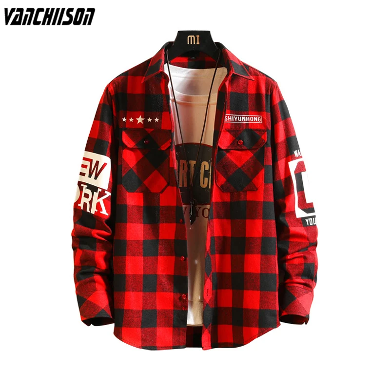 

Men Checkboard Shirt Korean Style for Summer Spring Long Sleeve Plaids Red Male Fashion Clothing 00565