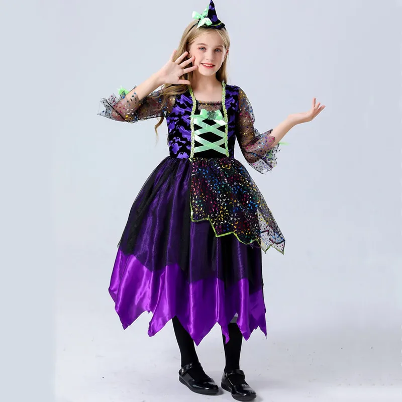 

Girls Halloween Witch Costume Kids Carnival Party Cosplay Evil Dark Fairy Witch Ball Gown Fancy Dress Children Princess Dress