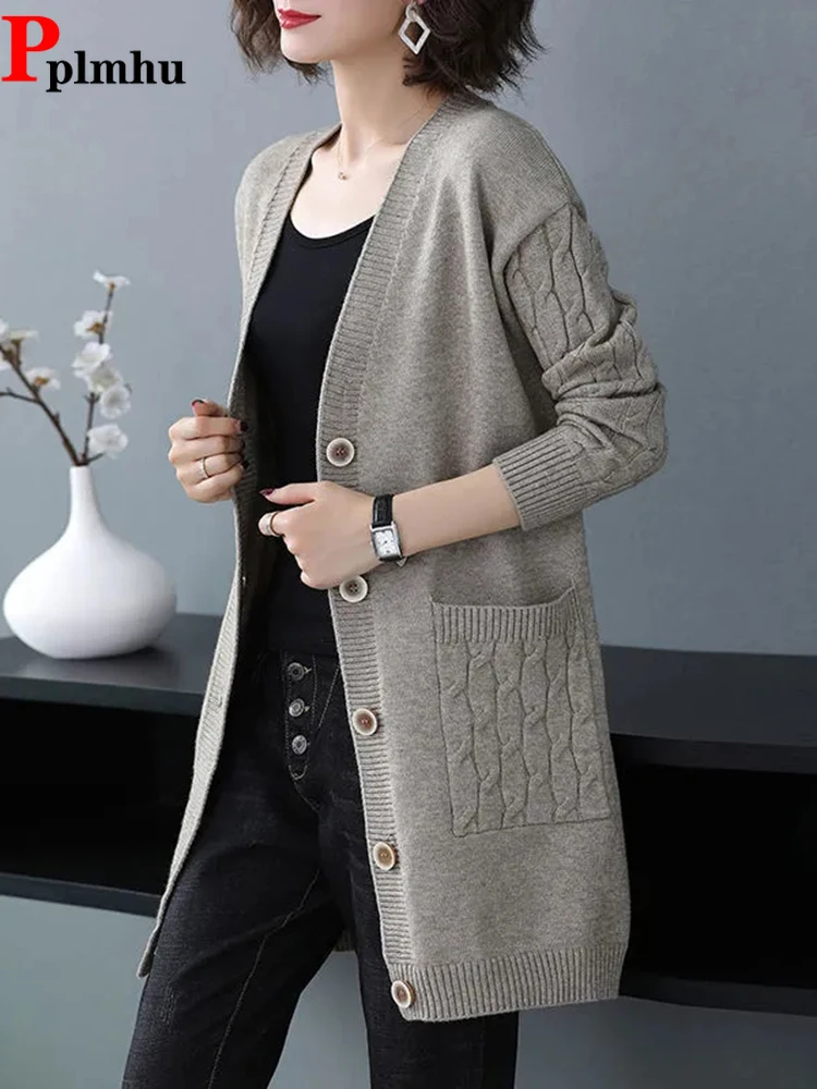 

Women's Mid-length Oversize 4xl Elegant Sweater Coats Casual Basic Slim Knitewear Outwear Spring Fall V-neck Knitted Cardigan