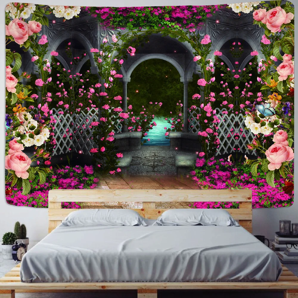 

Flowers Forest Psychedelic Scene Home Decoration Art Tapestry Fairy Tale Garden View Wall Blanket Background Cloth Tapestries