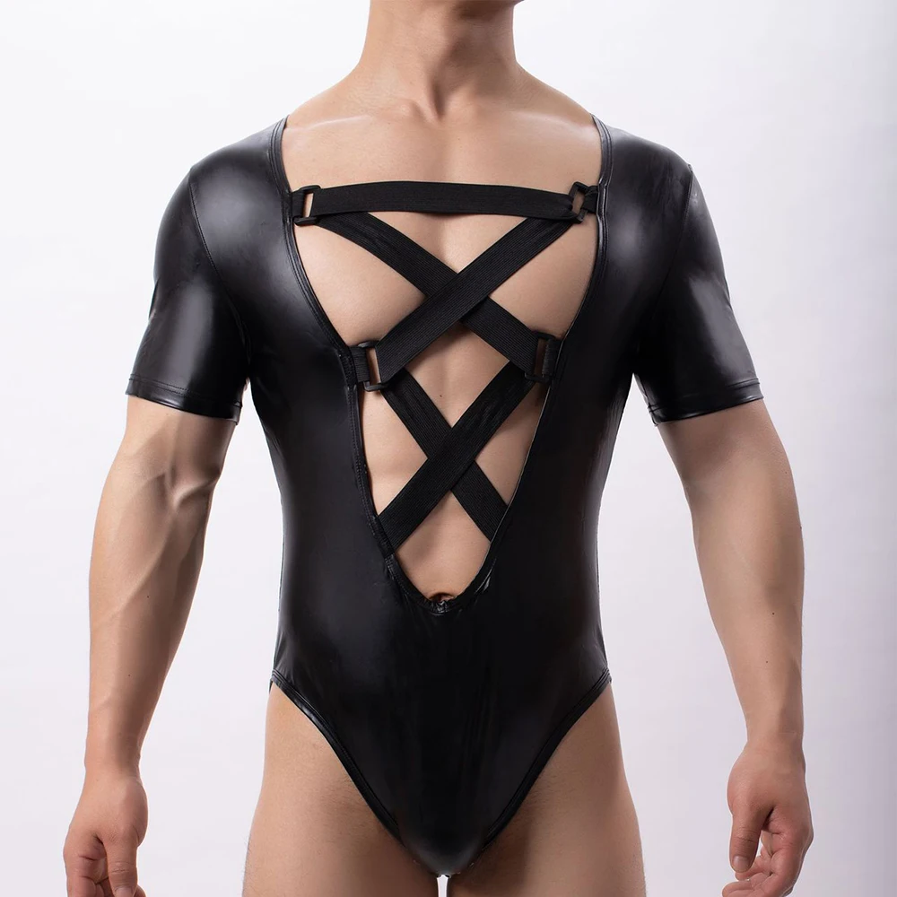 Men Sexy Wet Look Bodysuit Front Hollow Out Short Sleeve Faux Leather Black Leotard Elastic Jumpsuit Stage Show Costume Swimwear
Men Sexy Wet Look Bodysuit Front Hollow Out Short Sleeve Faux Leather Black Leotard Elastic Jumpsuit Stage Show Costume Swimwear