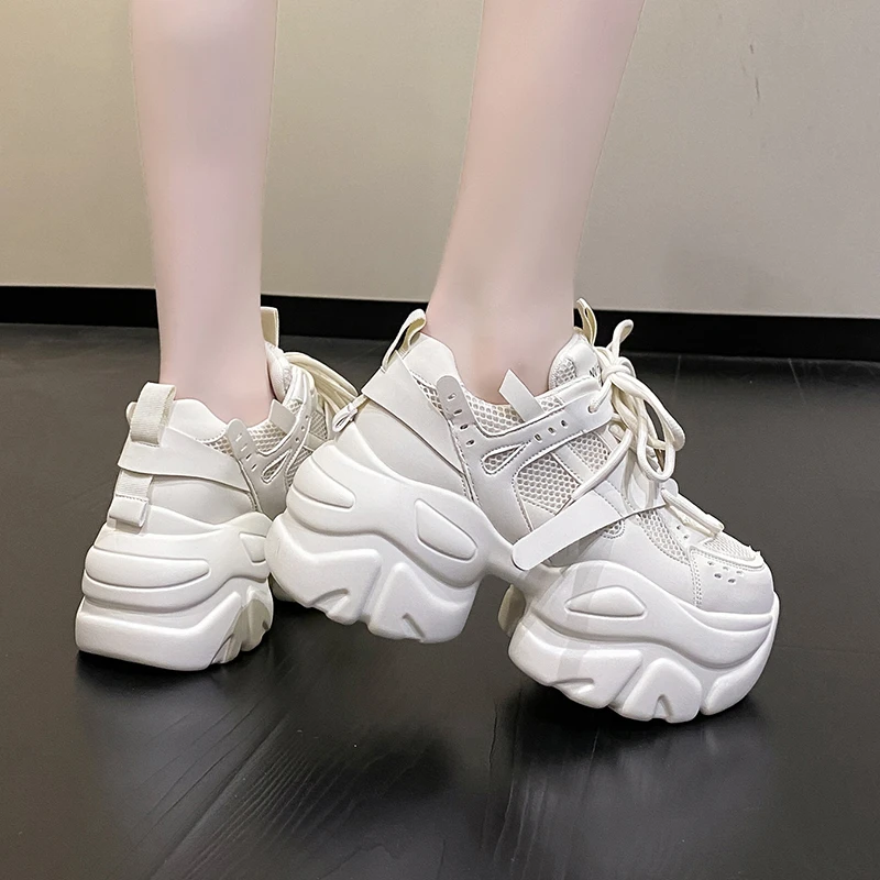 

8CM Wedge Heels Platform White Shoes Chaussures Femme Sports Dad Shoes Autumn Women Chunky Sneakers Breathable Mesh Casual Shoes