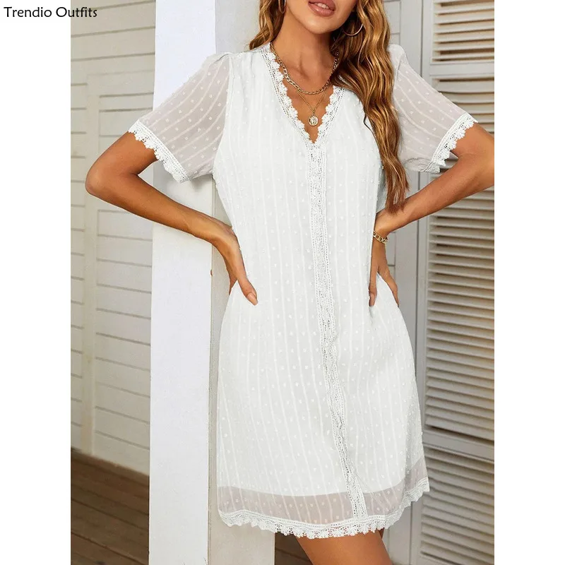 

Trendio 2024 New Jacquard Lace Patchwork Elegant Sexy V-neck Outwear Women Summer Dress Camping Vacation Short Sleeve Dresses