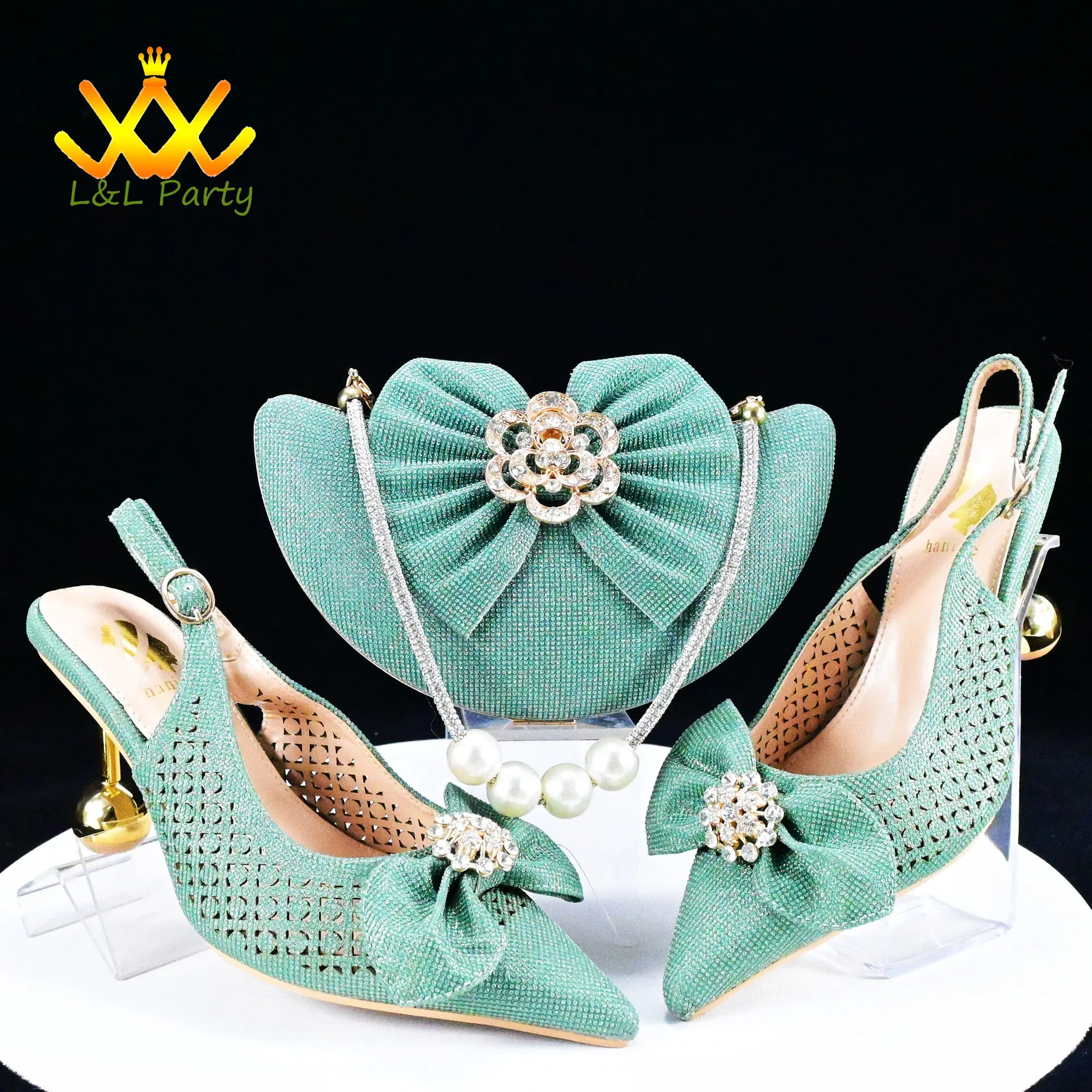 

2024 Special Italian Women Design Nigerian Shoes and Bag Set in Green Color Mature Style INS Hot Sale with Crystal for Party